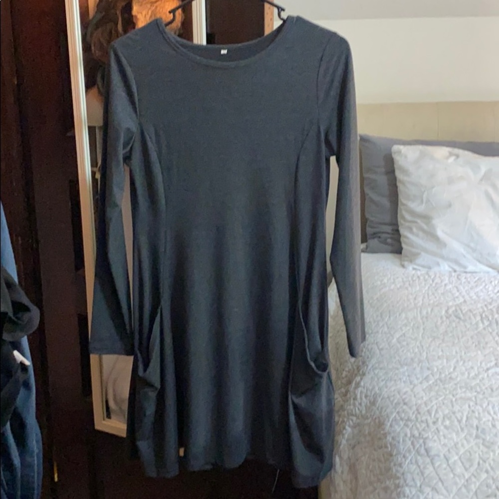 Grey Long-sleeved, Pocketed Dress